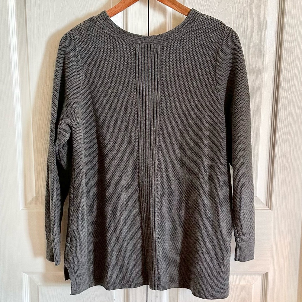 Lands’ End 1X Gray Cotton V-Neck Sweater Oversized Slouchy Preppy Coastal - Picture 3 of 7